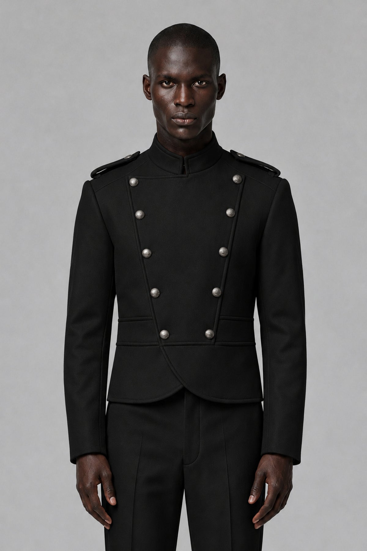 Bolodoo FQ1022 black jacket detail showing stand collar, epaulettes and metallic-tone decorative buttons