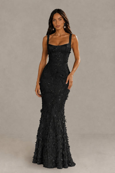 BOLODOO Black Sequin 3D Floral Mermaid Maxi Gown – Lace-Up Back Formal Dress 