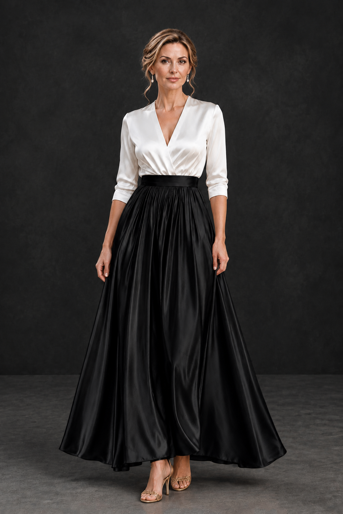 BOLODOO XX089 black and white V-neck mother of the bride dress front view with three-quarter sleeves