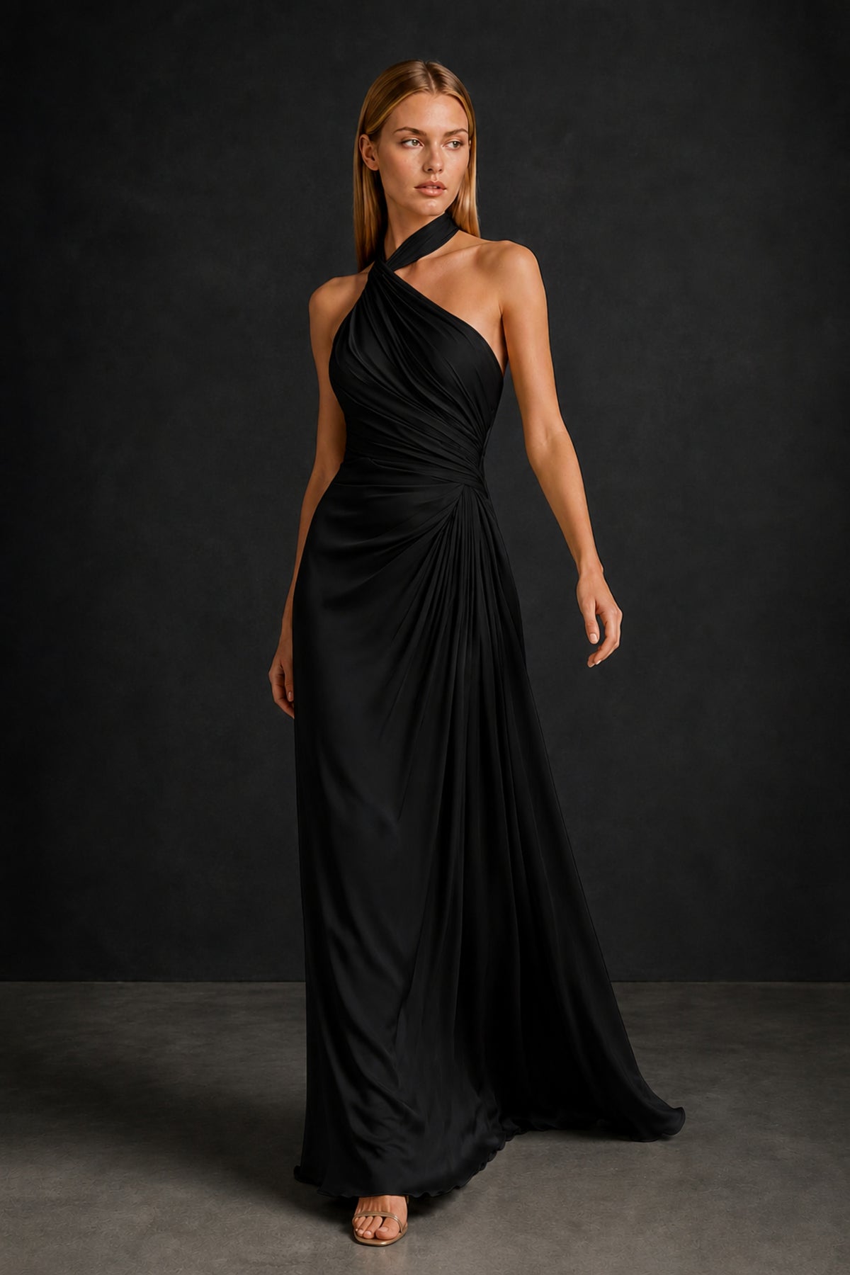 BOLODOO Black Twisted Halter Ruched Gown - Front Three-Quarter View Showing Asymmetric Draped Bodice and Halter Neckline