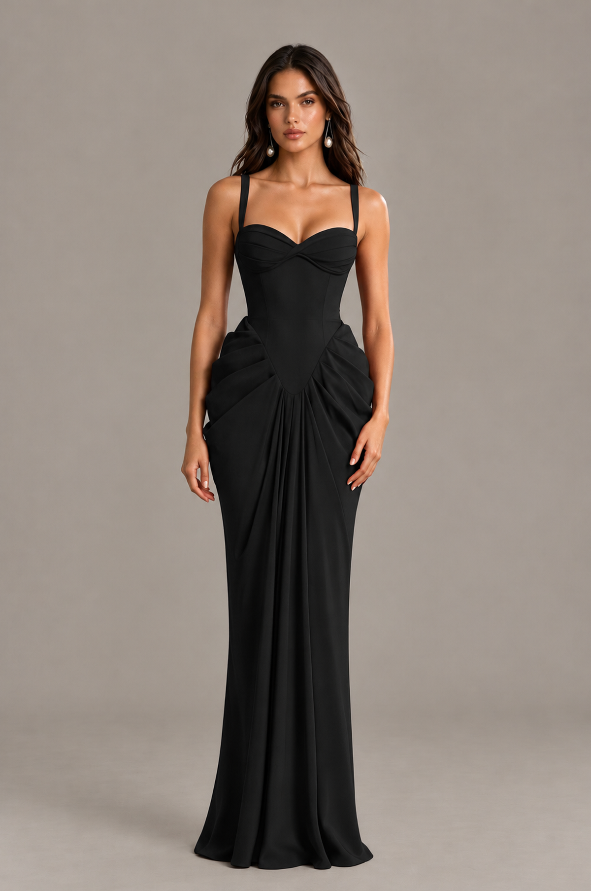 BOLODOO black sweetheart floor-length ruched evening gown, front view