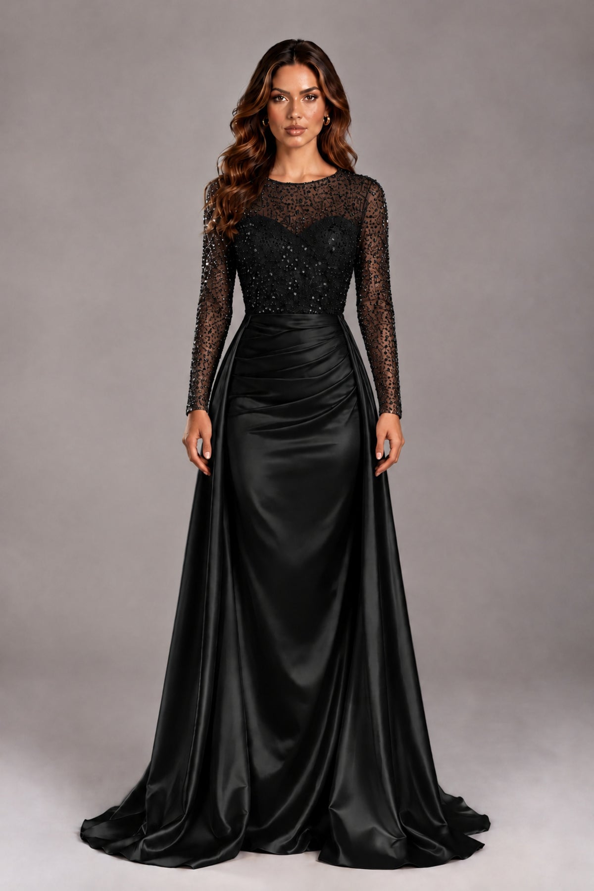 BOLODOO FQ0076 black long sleeve embellished evening gown, full front view with ruched satin-look skirt