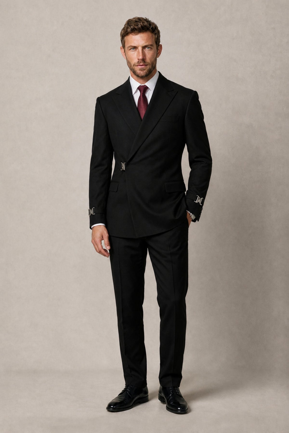 BOLODOO FQ0037 men's black double-breasted suit set – front full-length view with burgundy tie, hero shot
