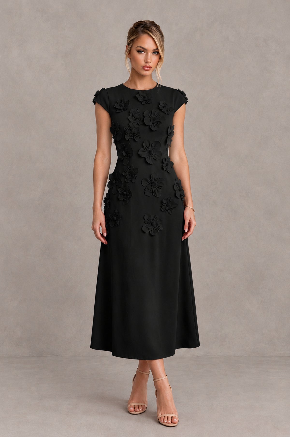 BOLODOO BX0208 black 3D floral cap sleeve midi cocktail dress full front view
