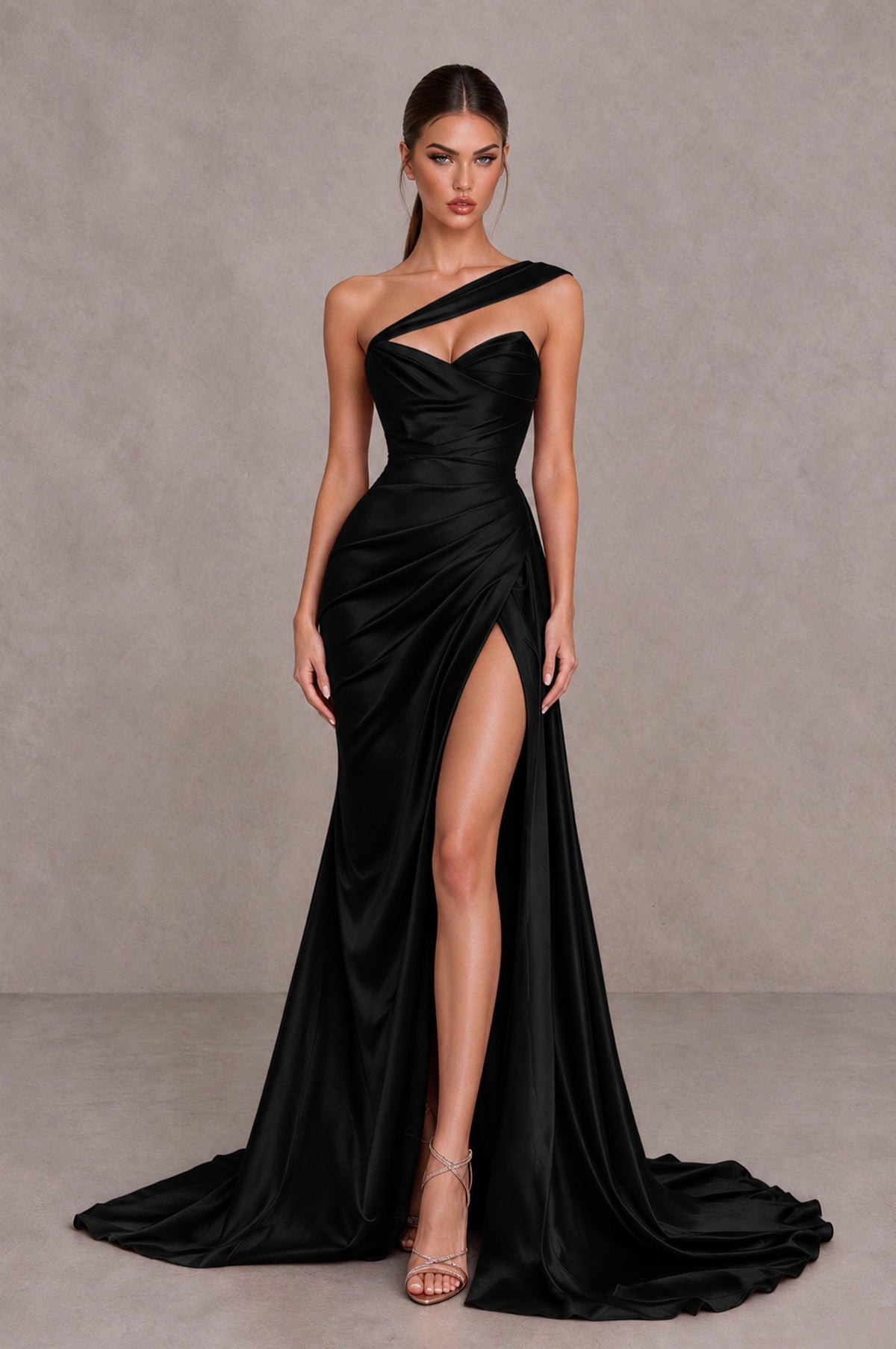 Black one shoulder satin prom dress with ruched bodice and asymmetric neckline, front view