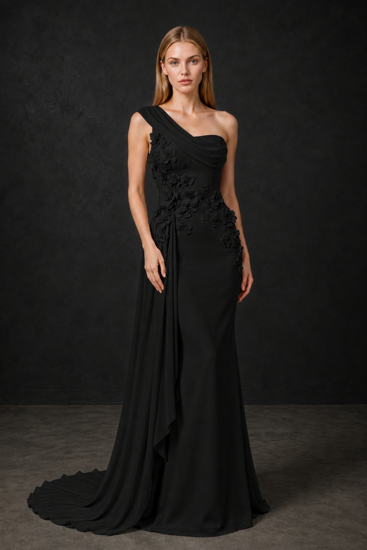 BOLODOO Black One-Shoulder 3D Floral Chiffon Gown - Front Full Length View Showing Sweetheart Neckline and Floral Appliqué