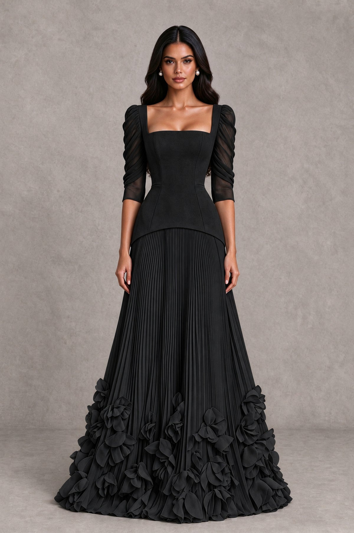 BOLODOO black square-neck evening dress with puff sleeves, pleated skirt and floral applique hem, front view