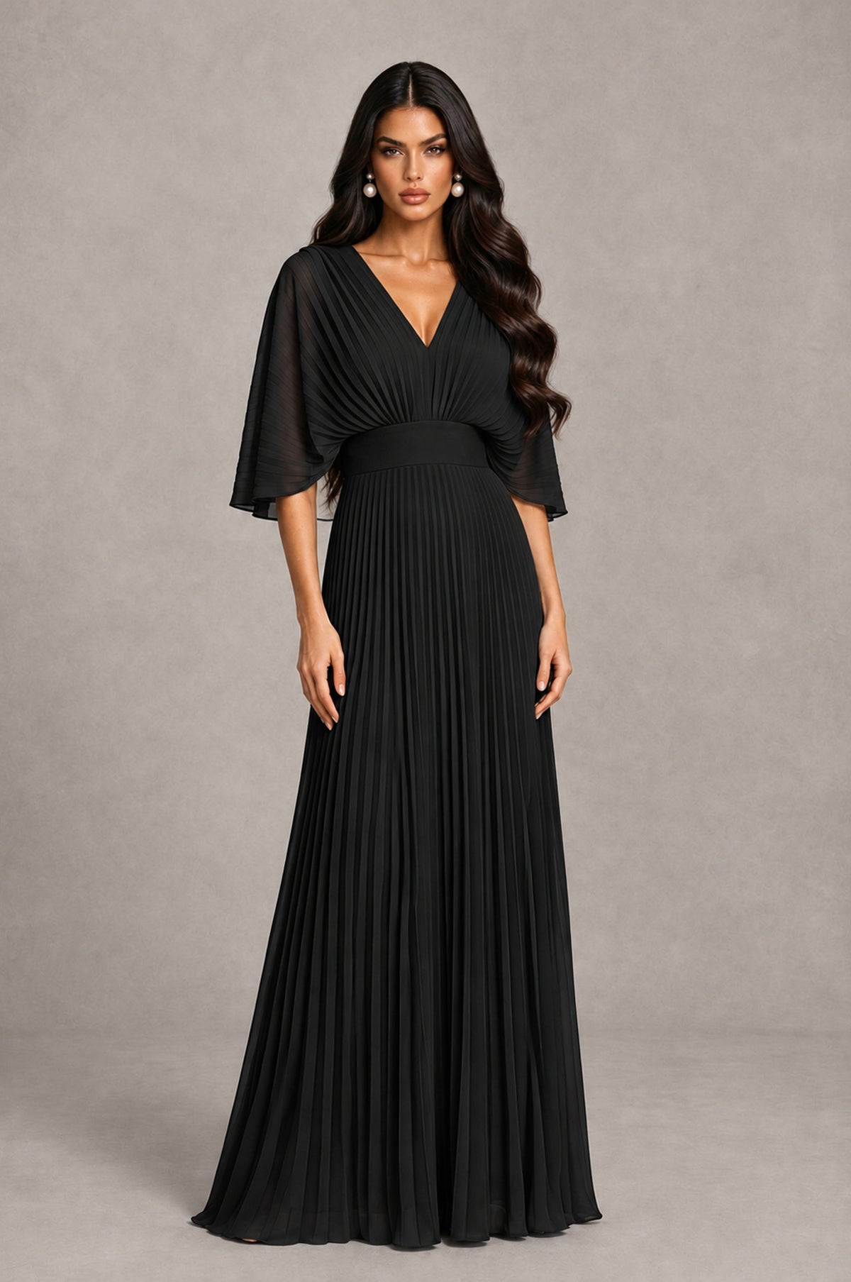 BOLODOO Black V-Neck Pleated Flutter Sleeve Formal Dress 