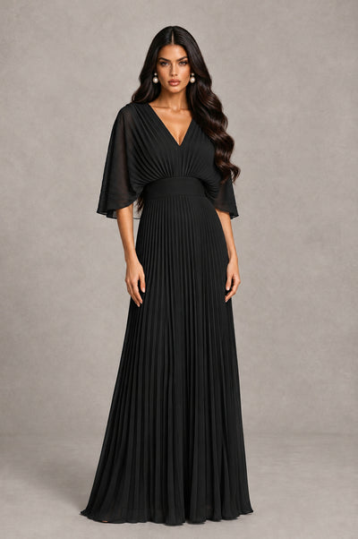 BOLODOO Black V-Neck Pleated Flutter Sleeve Formal Dress 