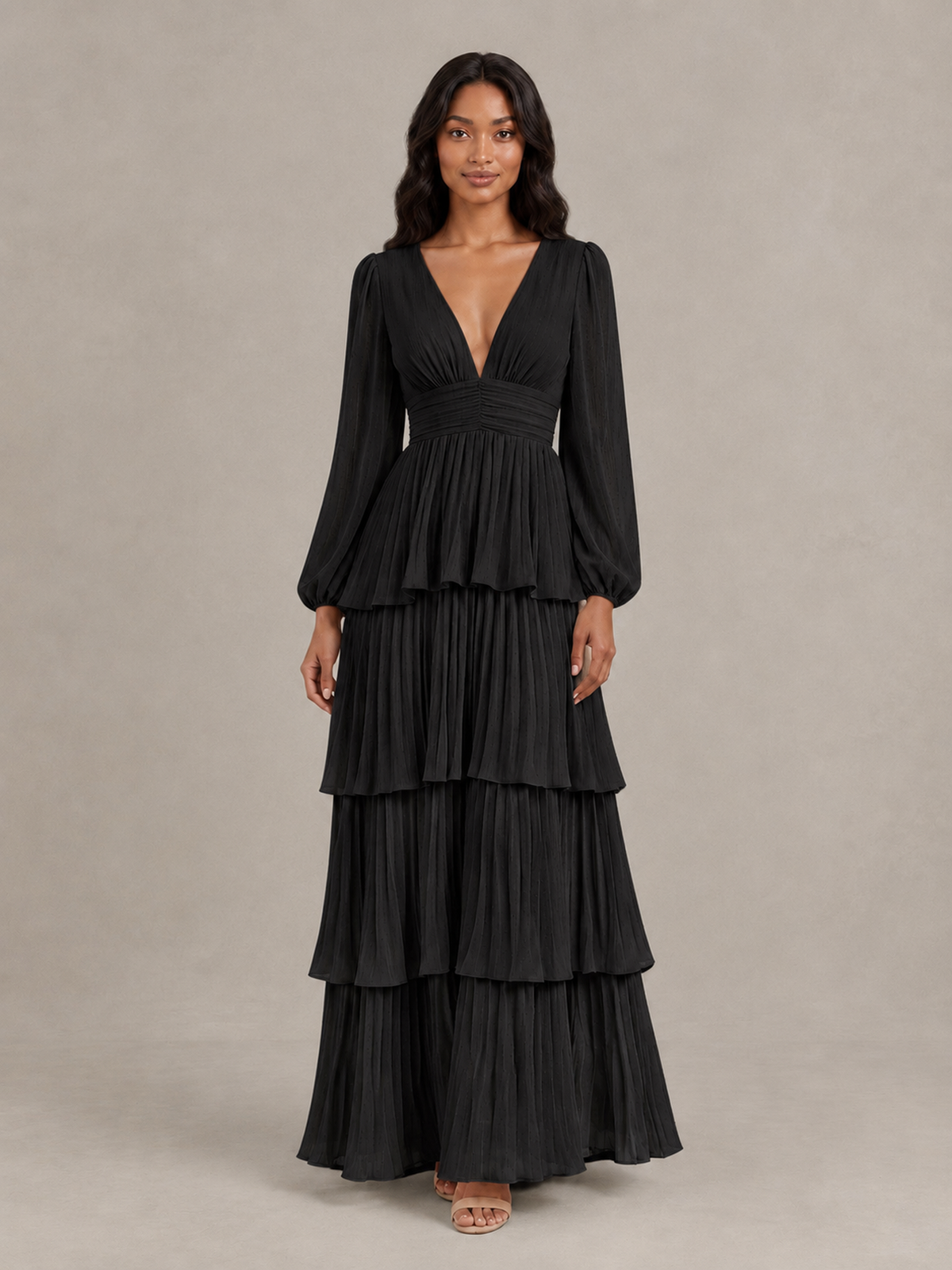 BOLODOO black long-sleeve tiered maxi dress with deep V-neck and ruched waist, front view
