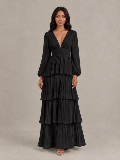 BOLODOO black long-sleeve tiered maxi dress with deep V-neck and ruched waist, front view