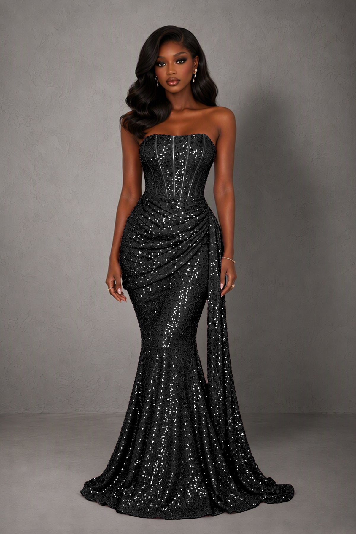 BOLODOO FQ0050 black sequin strapless corset mermaid evening gown, full front view with ruched hips and train