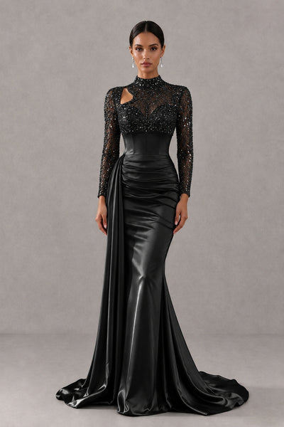 BOLODOO FQ0077 black long-sleeve evening gown showing asymmetric chest cutout and cascading side drape