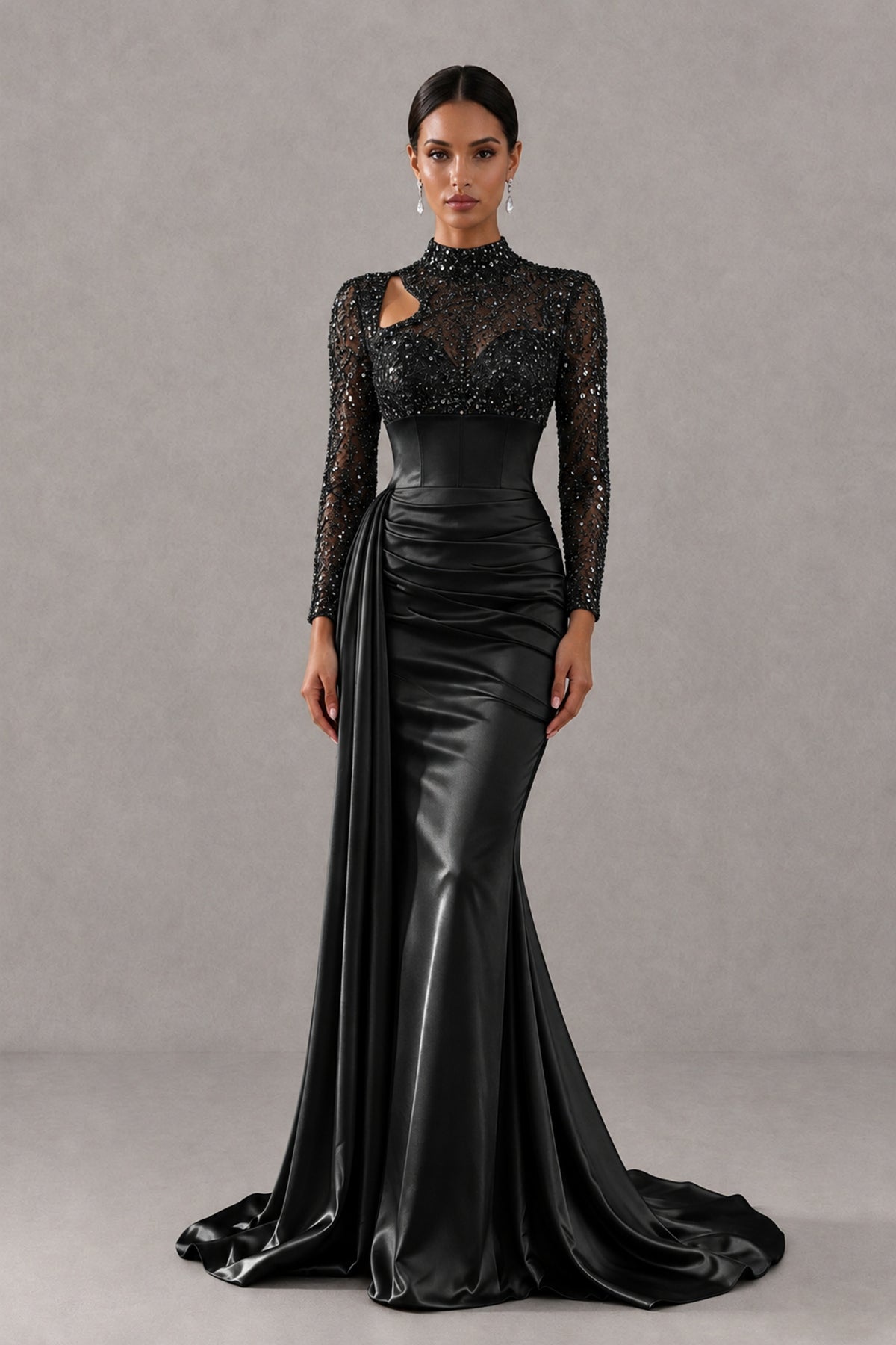BOLODOO FQ0077 black long-sleeve evening gown showing asymmetric chest cutout and cascading side drape