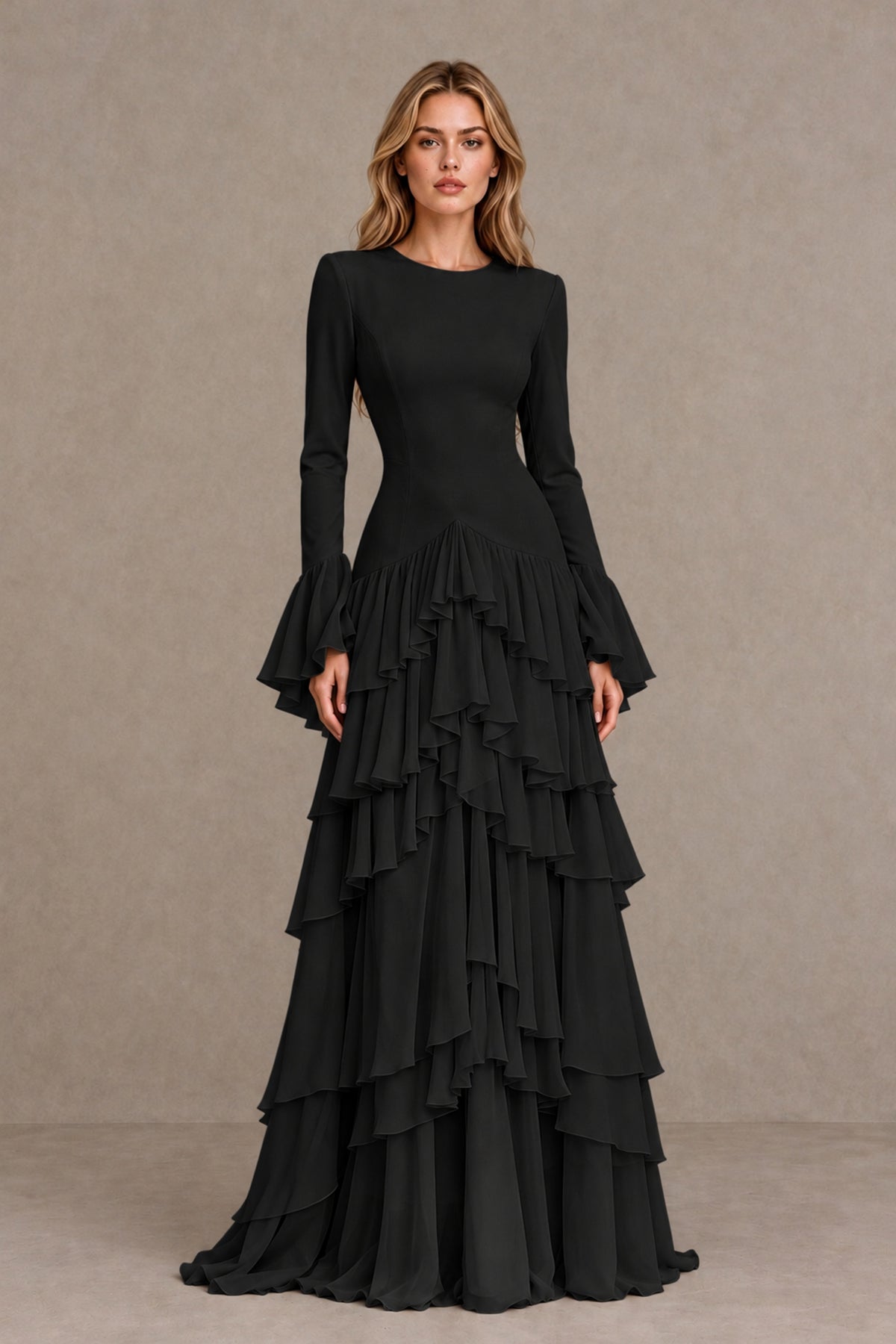 Black Long Sleeve Tiered Ruffle Evening Gown 