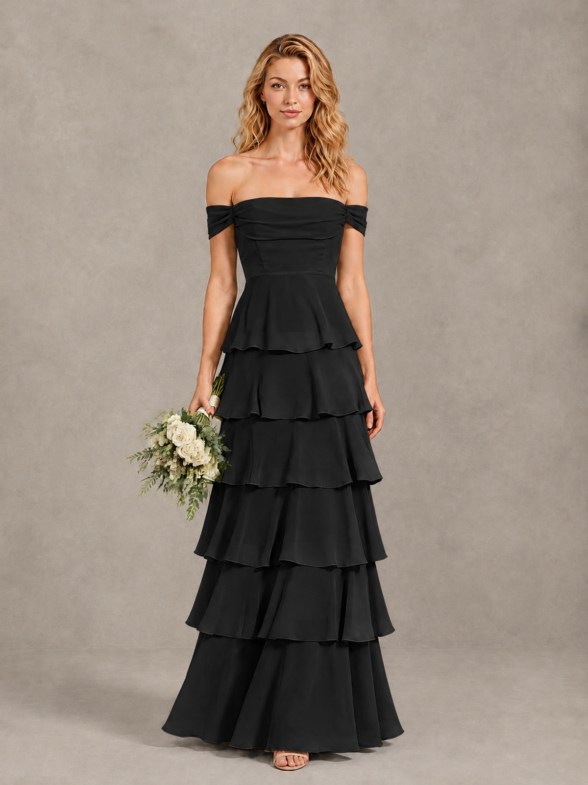 BOLODOO black off-shoulder ruffle bridesmaid gown styled with a bouquet, front view