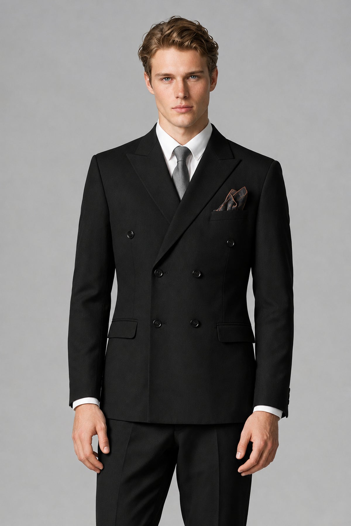 Bolodoo FQ1013 men's black double-breasted two-piece suit, full-length front view