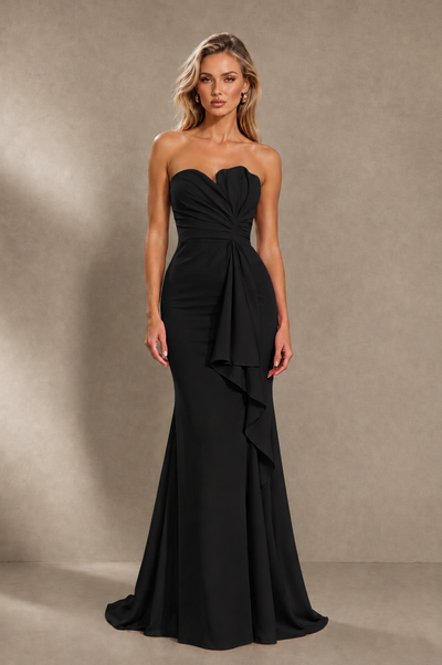 BOLODOO Black Strapless Sweetheart Ruched Mermaid Gown | Cascade Drape Formal Evening Dress 