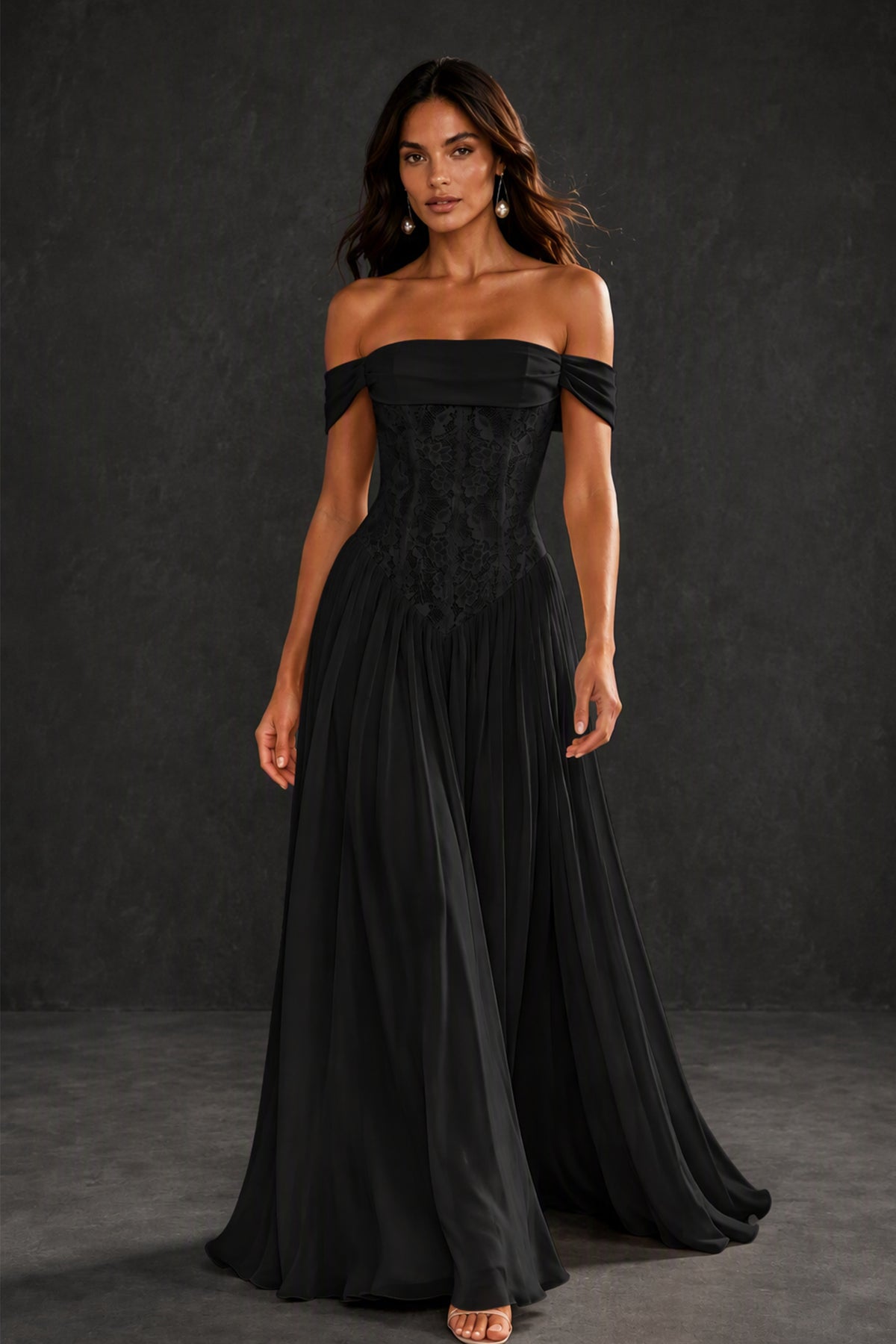 BOLODOO Black Off-Shoulder Lace Corset Tulle Maxi Dress - Front View