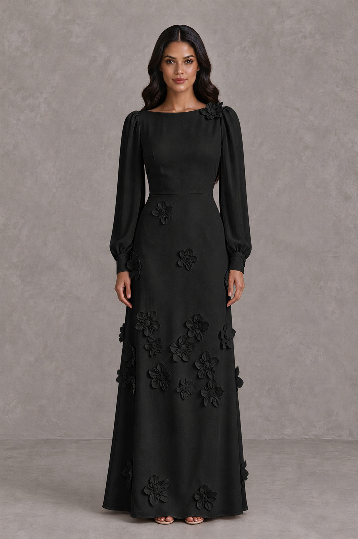 BOLODOO BX0189 black floor-length floral applique evening dress, front view with long bishop sleeves