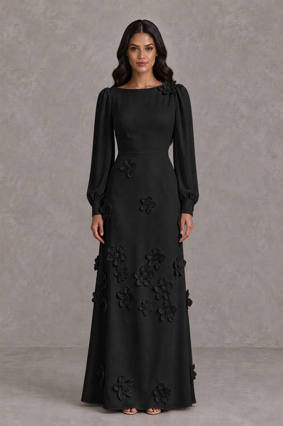 BOLODOO BX0189 black floor-length floral applique evening dress, front view with long bishop sleeves