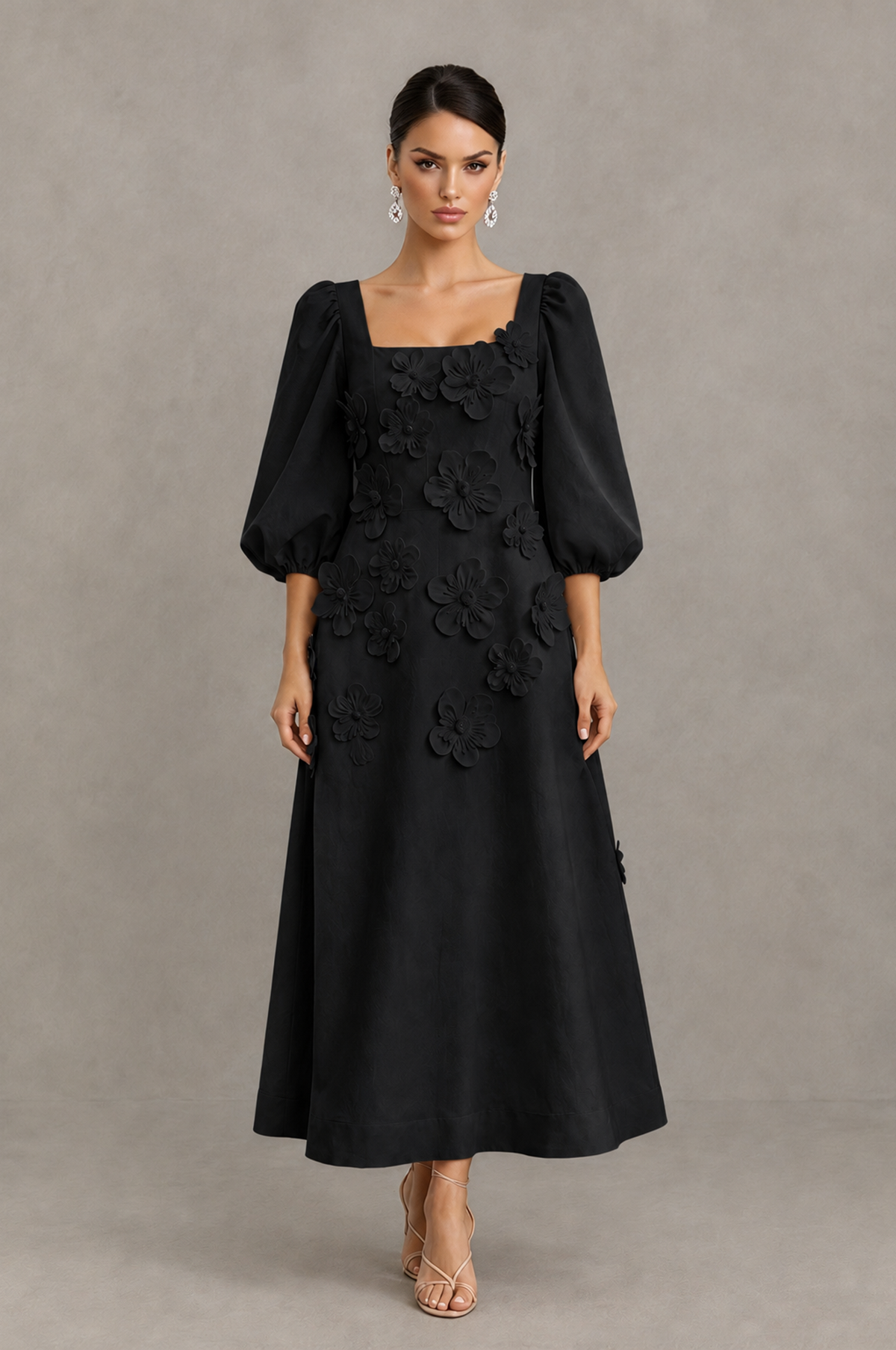 BOLODOO BX0207 black 3D floral puff sleeve midi cocktail dress full front view