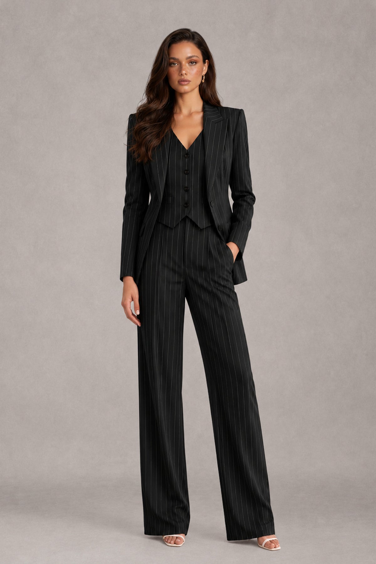 BOLODOO QQ059 women's black pinstripe three-piece pantsuit front view with blazer waistcoat and wide-leg trousers