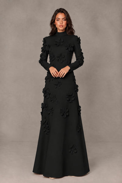 Front view of BOLODOO FQ0055 black high-neck long-sleeve evening gown with 3D floral appliques and floor-length skirt