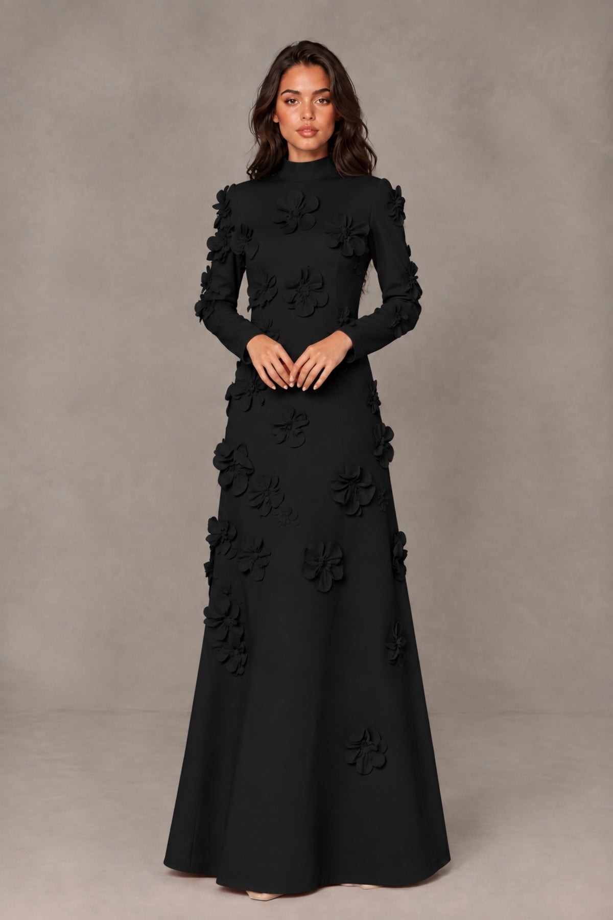 Front view of BOLODOO FQ0055 black high-neck long-sleeve evening gown with 3D floral appliques and floor-length skirt