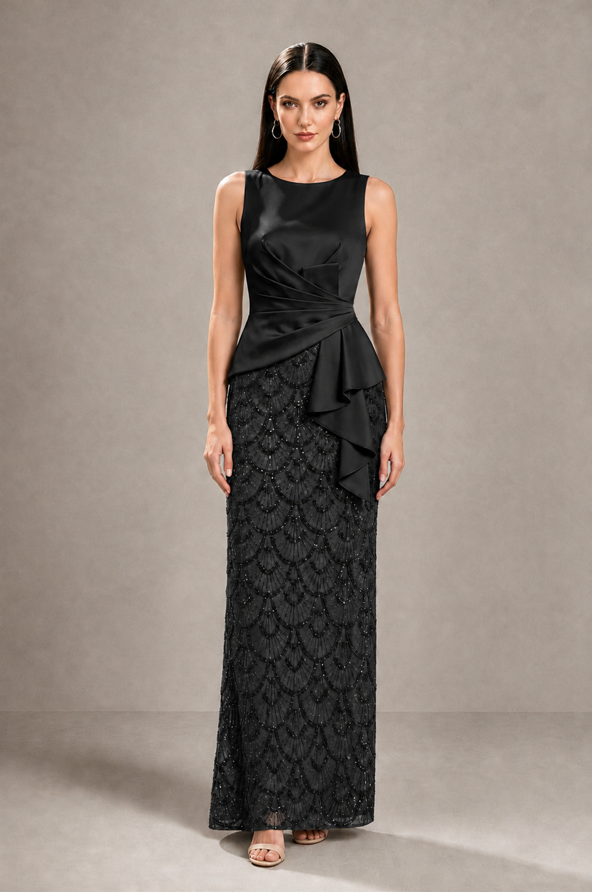 BOLODOO BX0178-Black sleeveless peplum evening dress, full front view with patterned lace-look skirt