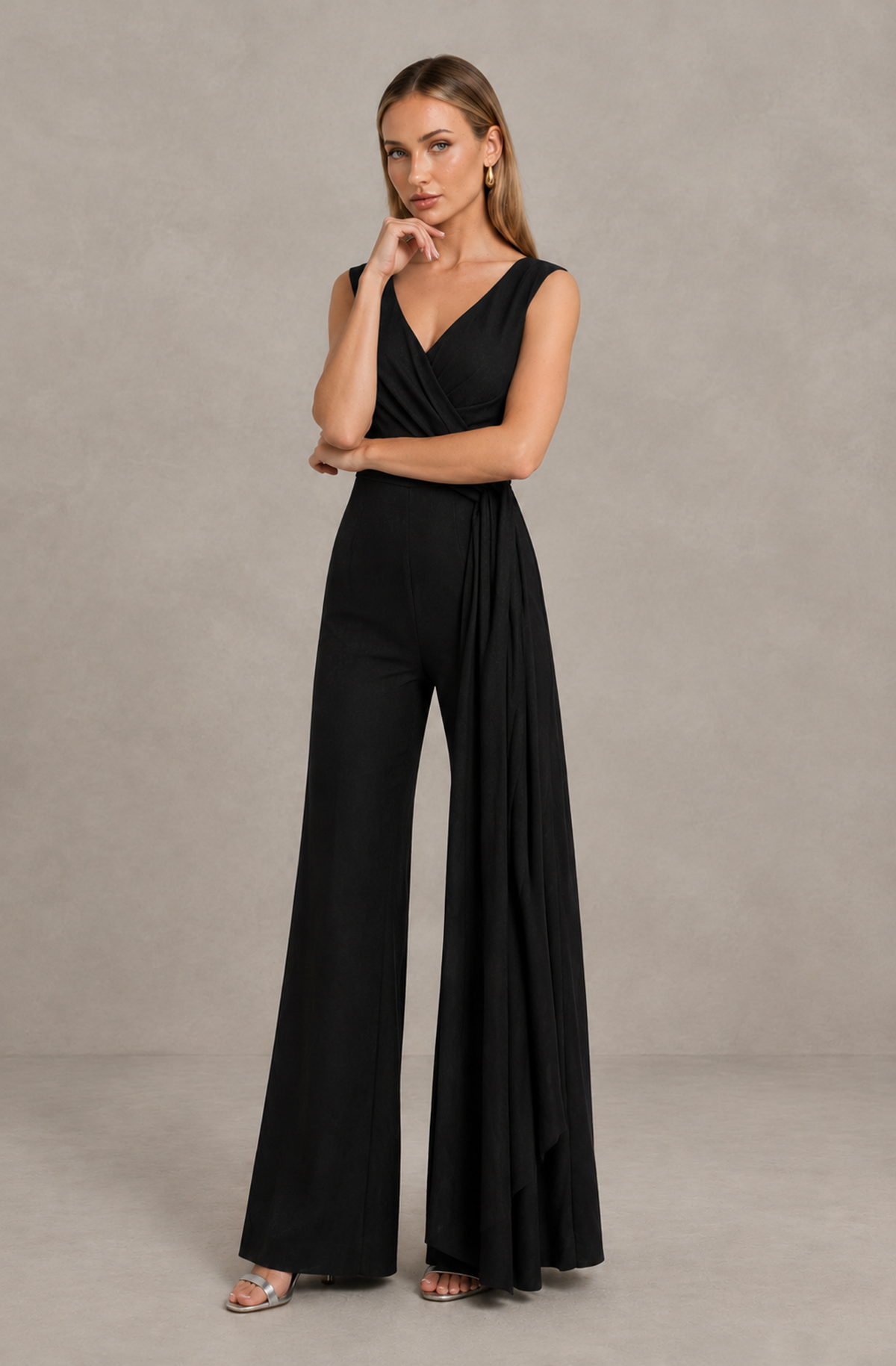 BOLODOO QQ078 black V-neck jumpsuit styled front view with gathered waist