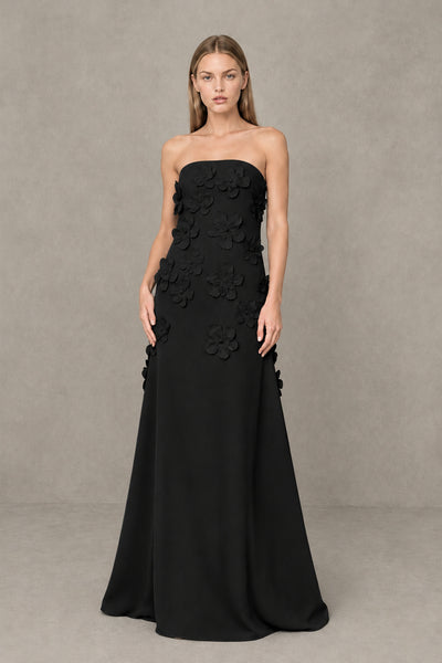 BOLODOO Black Strapless 3D Floral Appliqué Crepe Maxi Gown 