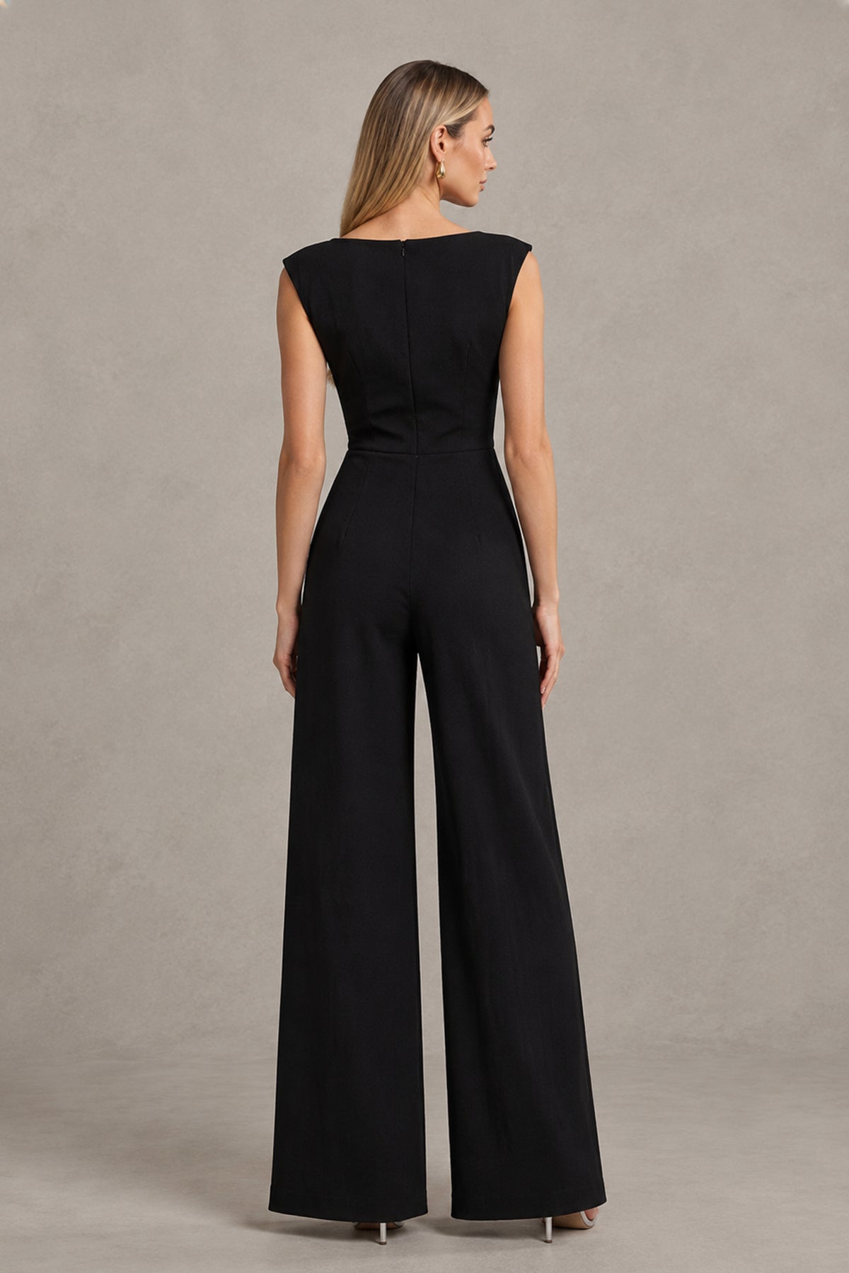 BOLODOO QQ078 black wide-leg jumpsuit rear view showing fully covered back