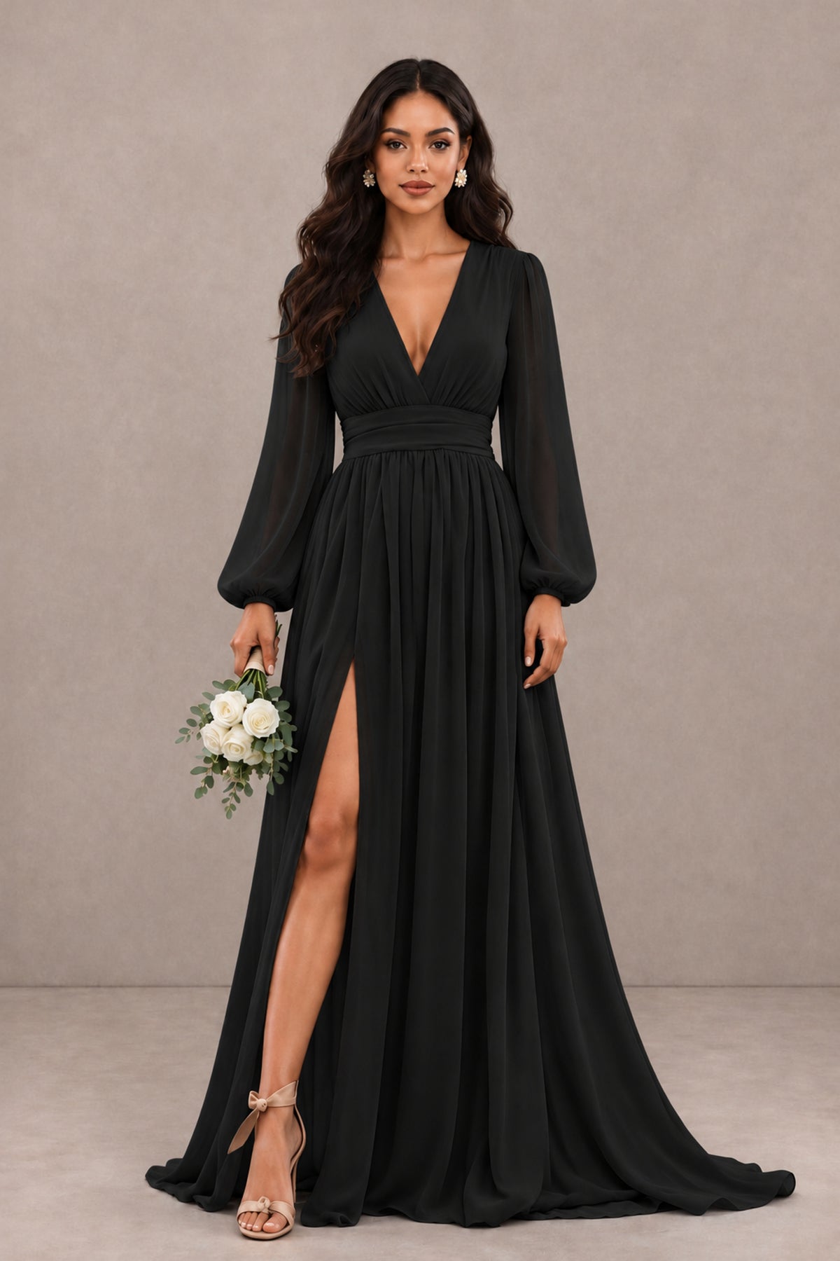 Black BOLODOO floor-length gown with bishop sleeves and sweep train, styled with bouquet