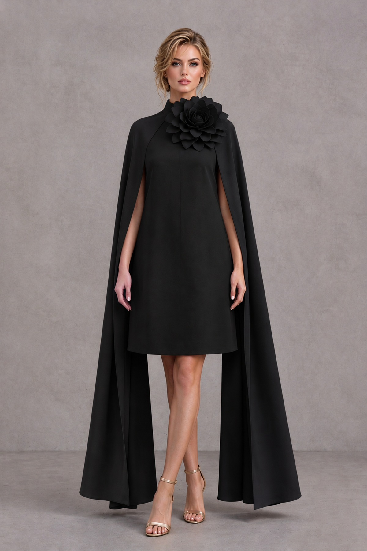 BOLODOO black high neck floral cape mini cocktail dress XX114, full front view