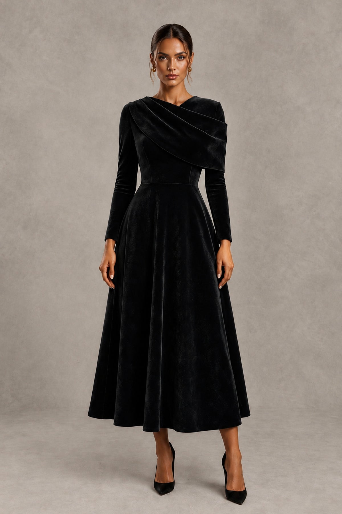 BOLODOO FQ0074 black velvet-look long sleeve tea-length A-line dress, front view with draped neckline
