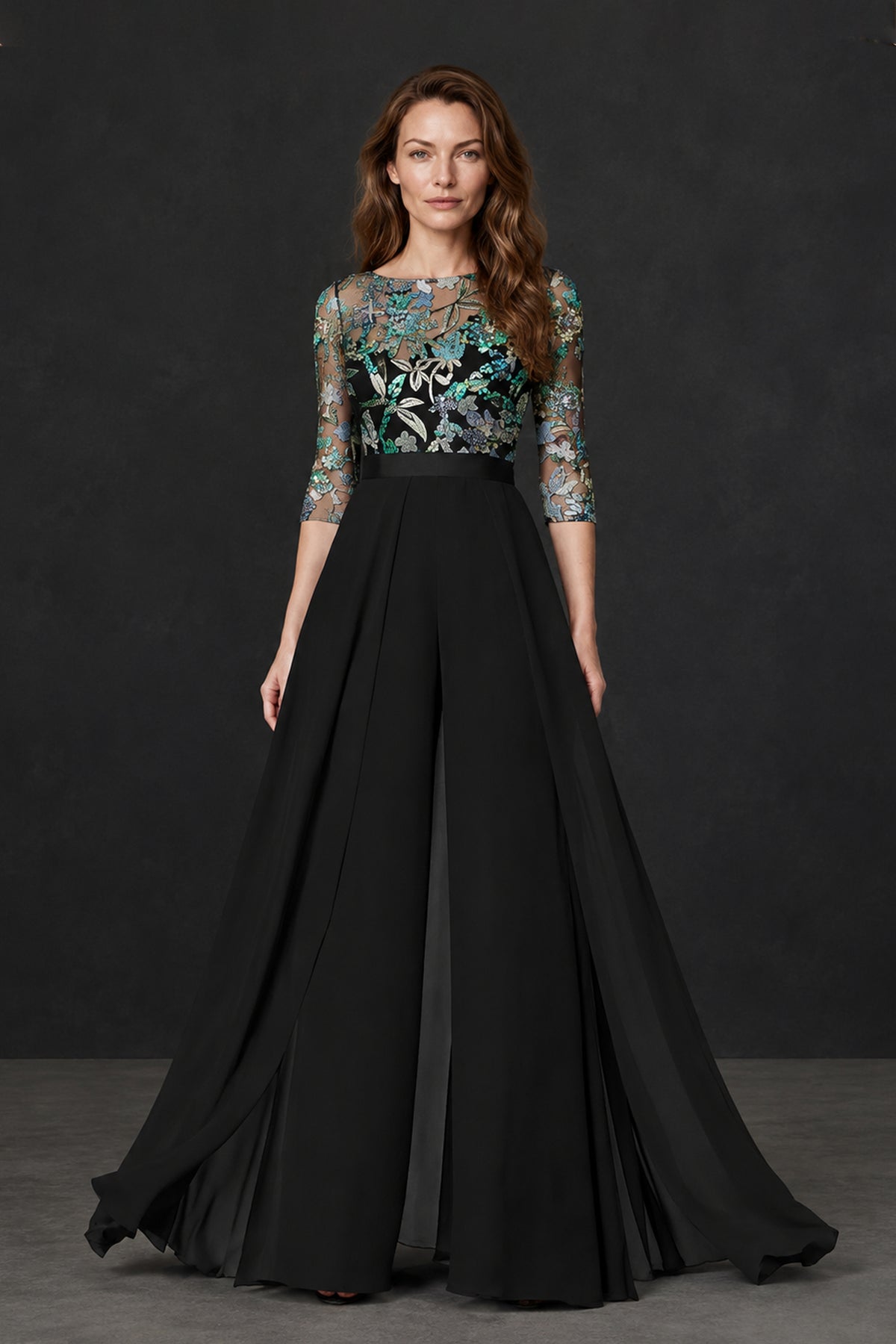 BOLODOO black floral embroidered floor-length A-line dress front view with three-quarter sheer sleeves
