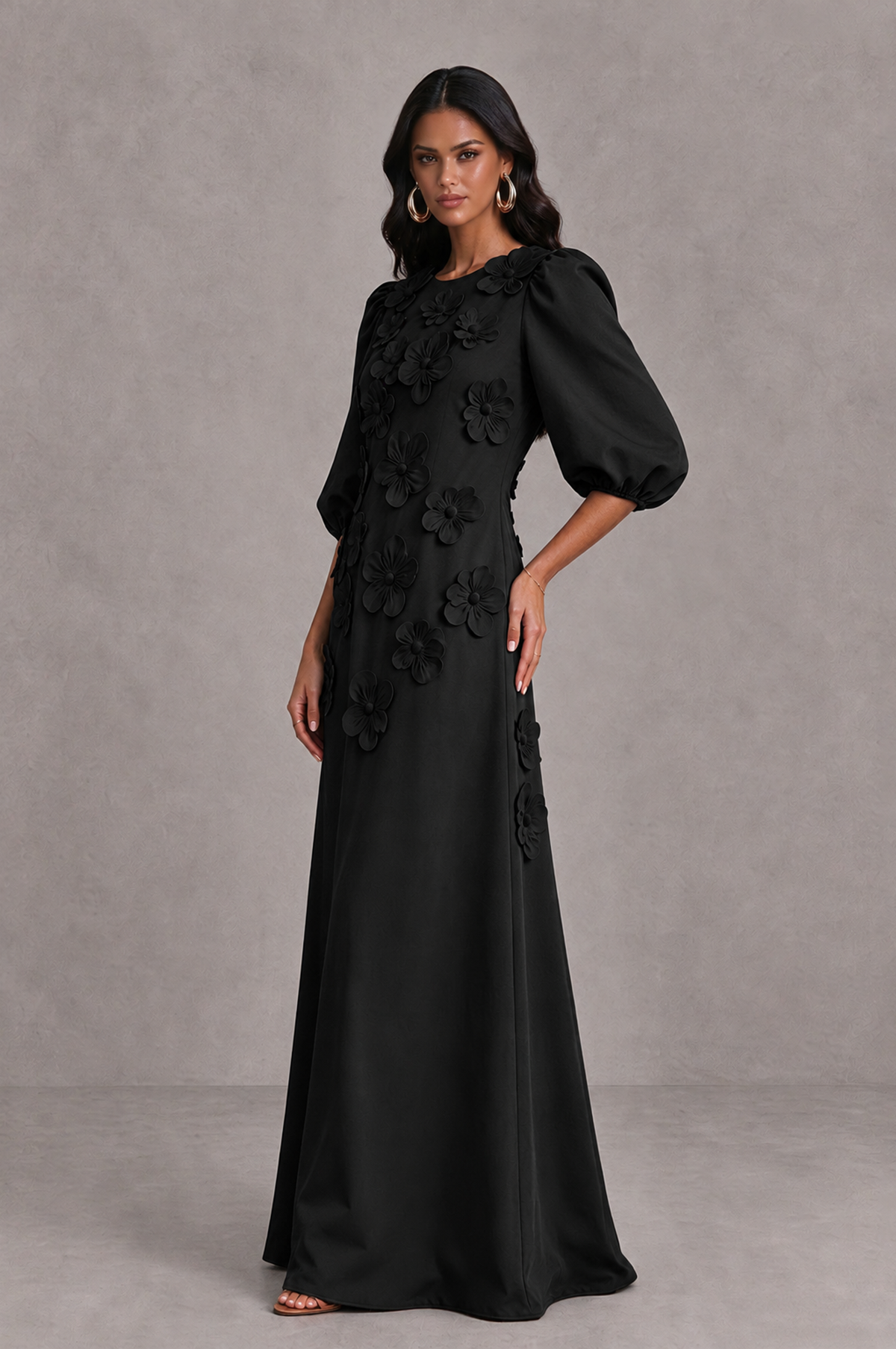 BOLODOO BX0190 black puff sleeve evening dress with 3D flowers, three-quarter view