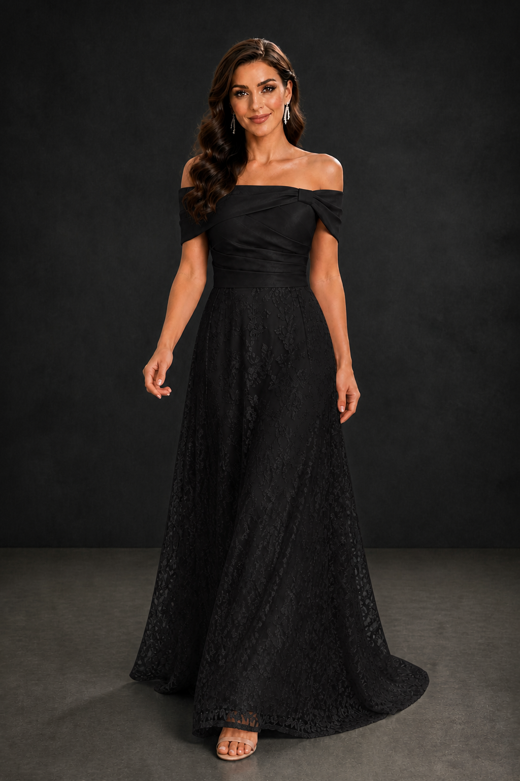 BOLODOO Black Lace Glitter Off-Shoulder A-Line Ball Gown – Front Full Length View