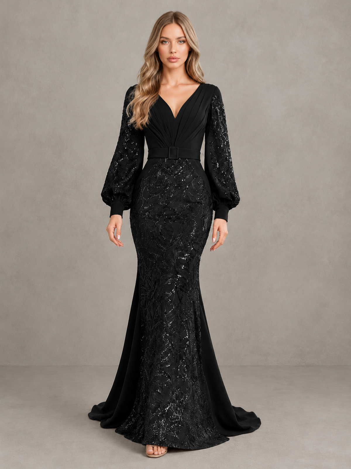 BOLODOO black sequin mermaid evening dress with long bishop sleeves and V-neck, front pose
