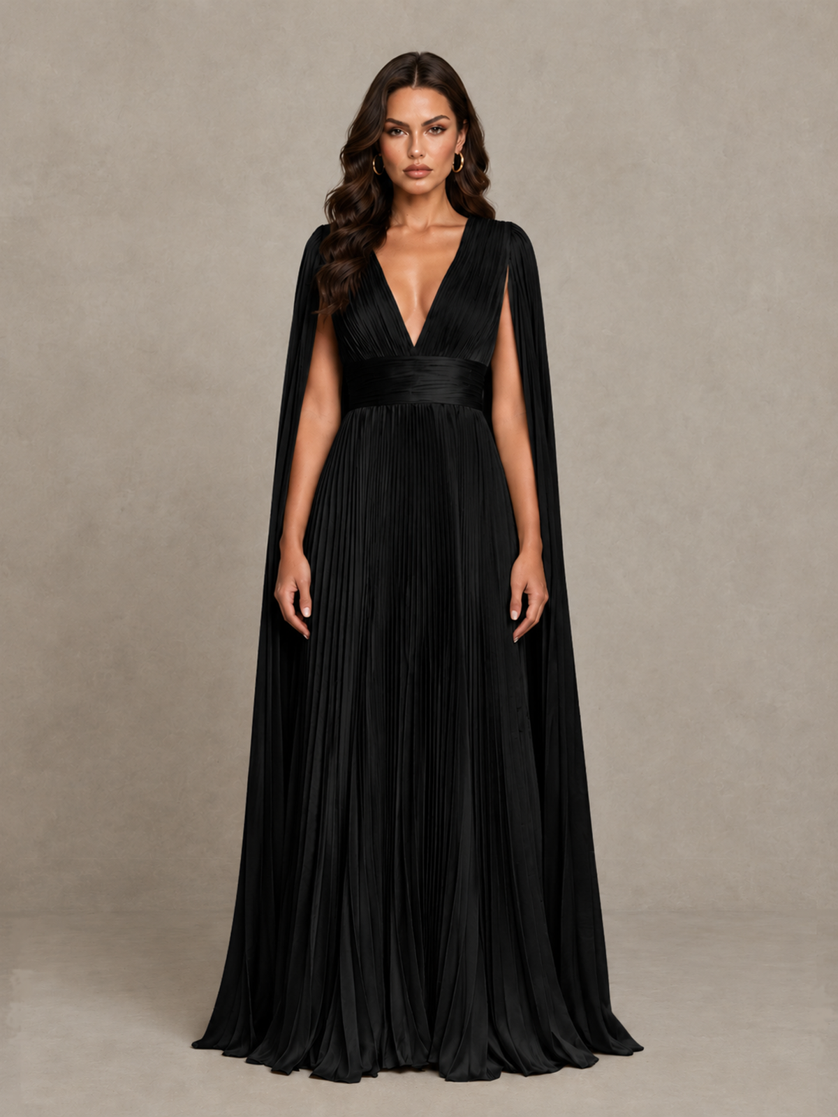 BOLODOO black deep V-neck pleated evening gown with floor-length cape sleeves, front view