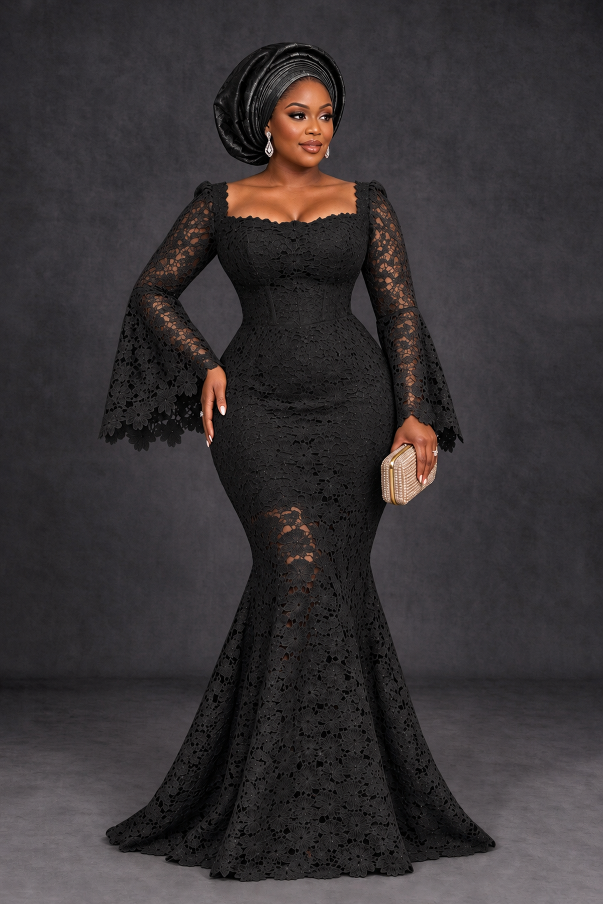 BOLODOO XX104 black lace mermaid mother of the bride dress with square neckline, front view