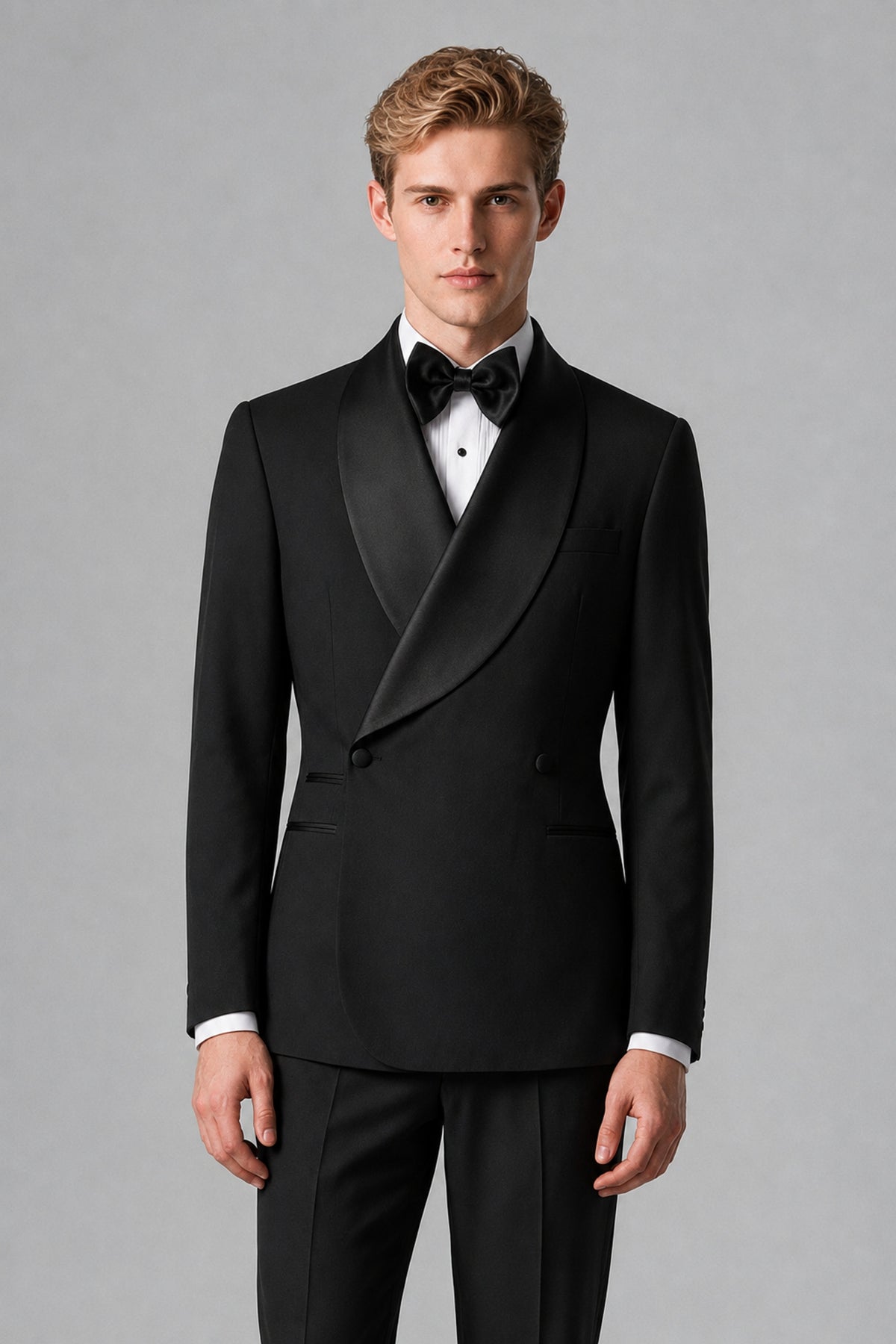 Bolodoo FQ1004 black tuxedo jacket front detail with satin-look shawl lapel and long sleeves