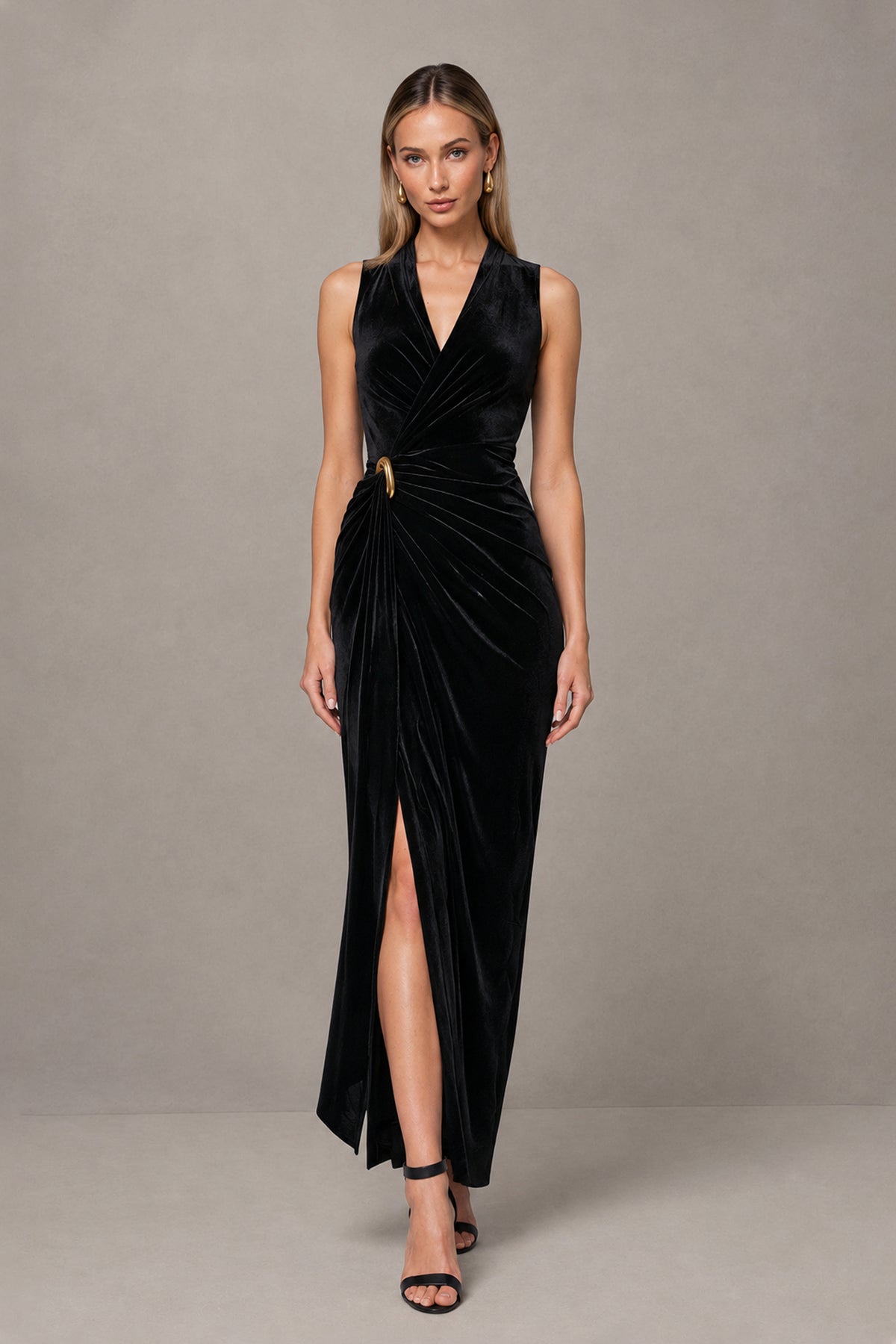 BOLODOO Black Velvet-Look Sleeveless V-Neck Ruched Slit Maxi Dress 