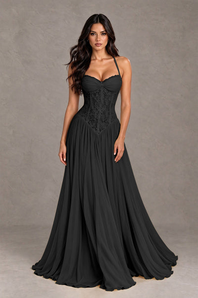 BOLODOO Black Lace Corset Halter Maxi Gown – Backless A-Line Formal Dress 
