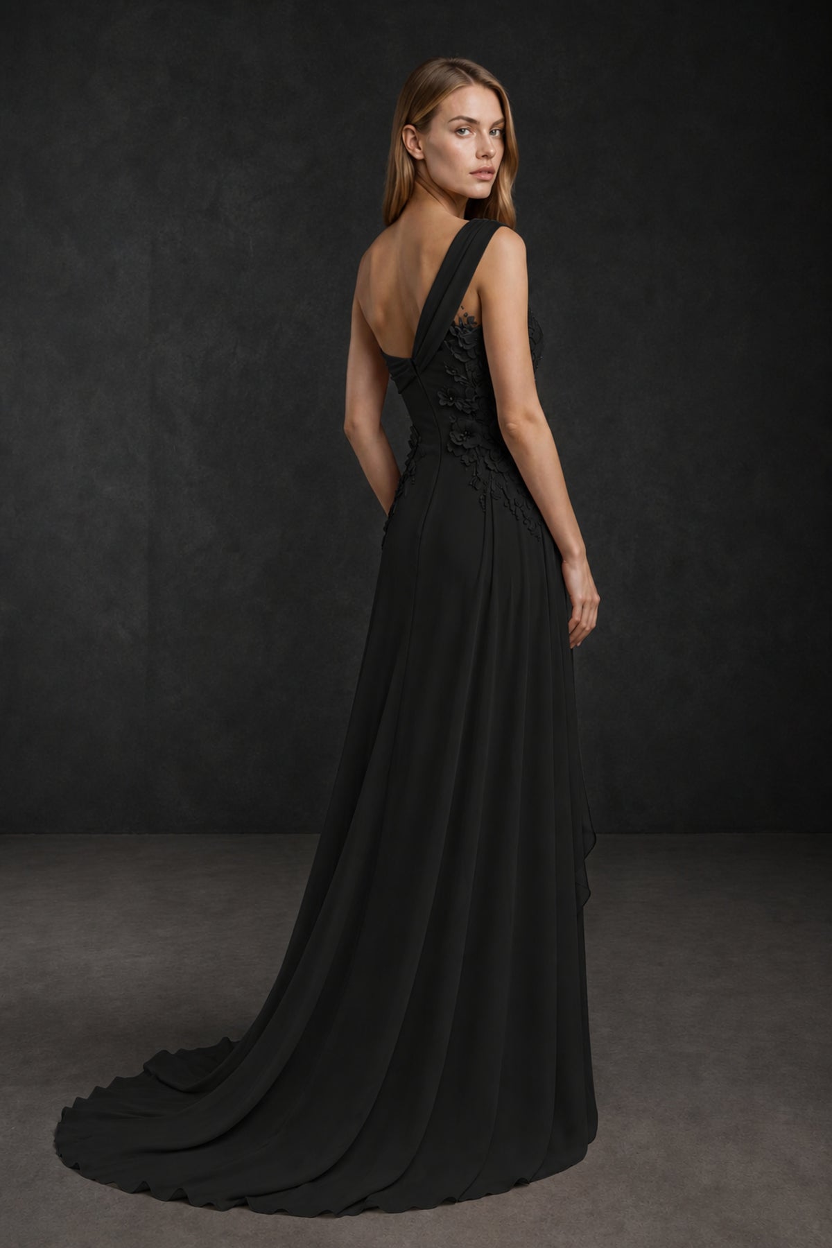BOLODOO Black One-Shoulder 3D Floral Chiffon Gown - Back View Showing Deep Open V-Back and Chapel Train