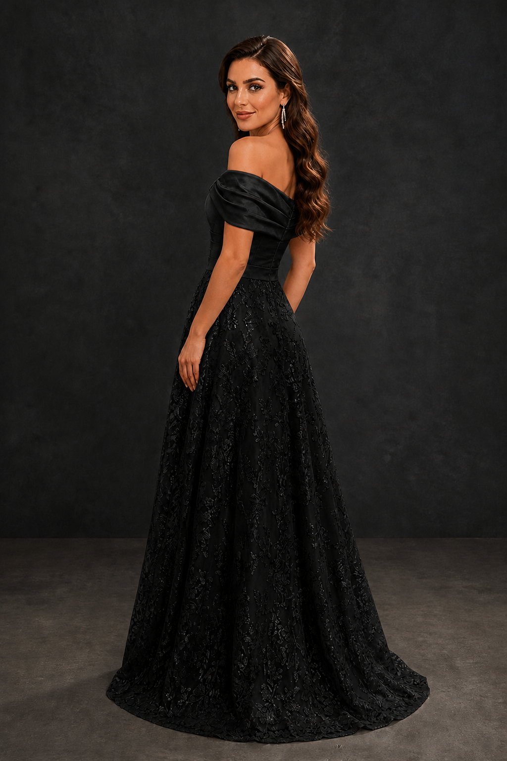 BOLODOO Black Lace Glitter Ball Gown – Back View Showing Open Back and Train