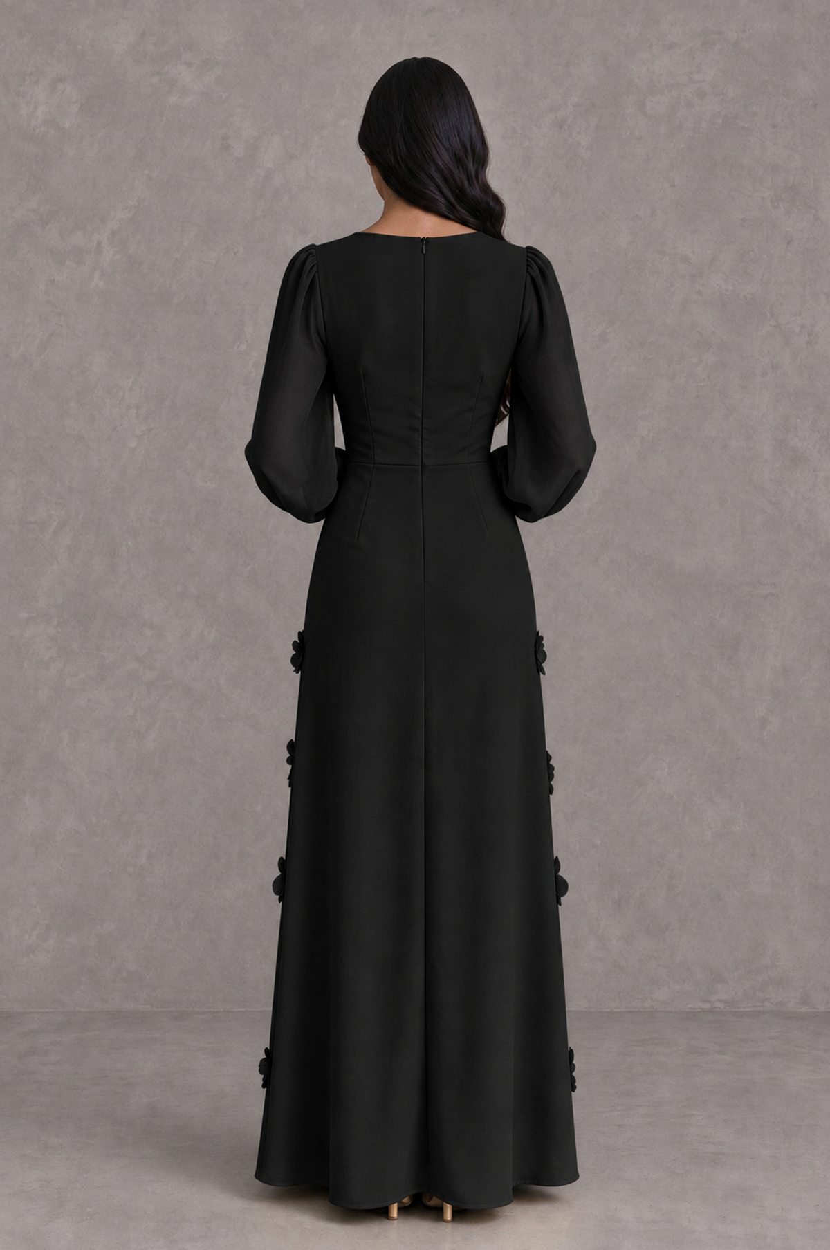 BOLODOO BX0189 black evening dress, covered back with center zipper and floor-length skirt