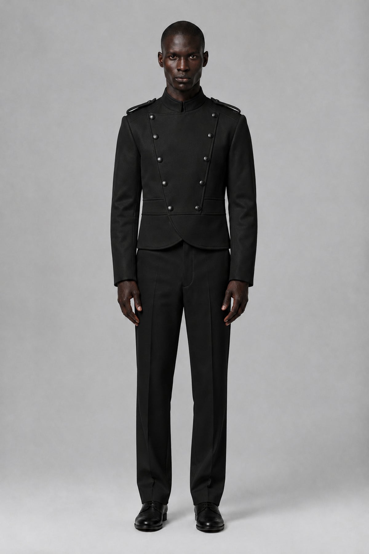Bolodoo FQ1022 men's black stand-collar military-inspired jacket and trousers suit, full front view