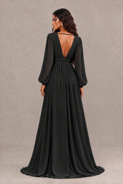 BOLODOO black long sleeve gown, rear view showing open V-back and sweep train